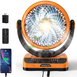 Rychi 40000mAh Battery Powered Camping Fan - 135H Max Cooling, Rechargeable Battery Operated Oscillating Floor Fan with Charger, Remote & Hook, Portable for Tent Hurricane Power Outage Outdoor Patio (Orange)