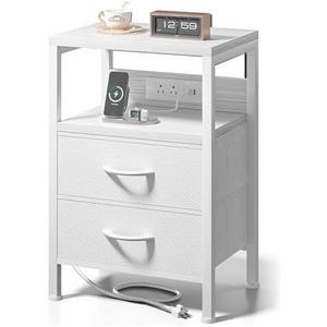 Lazzanto NightStand Bedside Charging Table Bedroom - Night Stand with Charger Station, White Modern Bed Side End Table with Open Shelf & 2 Fabric Drawers, USB-C Port & AC Outlets for Dorm, Living Room
