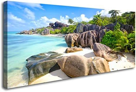 YYYYHPP YP0750 Beach Wall Art Picture Wall Art Stone Coconut Trees on Sands Beach Seascape Scenery Painting Nature Picture for Bedroom Home Office Wall Decor 40x20