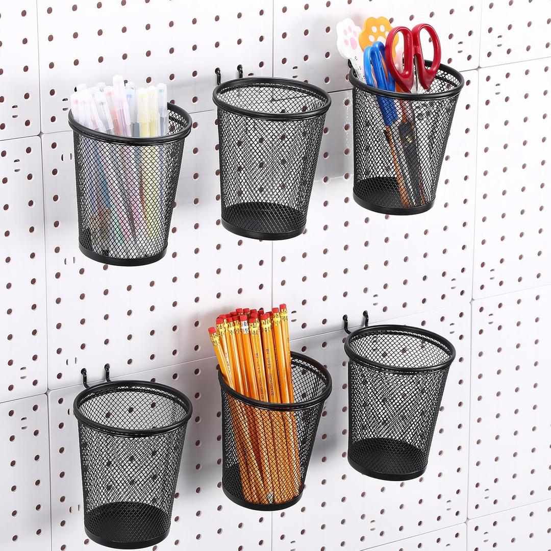 Spakon 6 Sets Pegboard Cups with Ring Hook Pegboard Bin Holder Organizer Multipurpose Pen Cup Metal Pencil Holder for Desk Office Garage (Black, 3.15x5.24x4.33'', Regular)