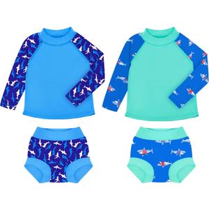 BIG ELEPHANT 2 Pcs Rash Guard Swim Diapers Sets for Unisex Baby, Boys Girls Long Sleeve Swimsuit with UPF 50+ Sun Protection (Blue)