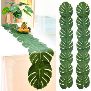 AerWo 12Pcs Palm Leaves Green Table Runner, Artificial Leaves Summer Tropical Leaf Table Runners 72 inches Long for Wedding Moana Jungle Safari Tropical Luau Hawaiian Party Decorations