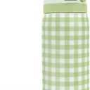 Gingham Pattern Insulated Stainless Steel Water Bottle with Straw, Push-Button Lid, 32 Ounce, Gifts for Women Girls Friends Teens Birthday Christmas (Green)