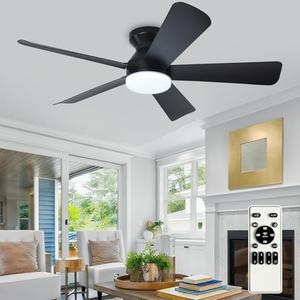 Depuley Modern Ceiling Fan with Light: 42-Inch Black Small Fans for Bedroom Indoor Outdoor - Dimmable Low Profile Ceiling Fans with Remote Control Flush Mount 5 Reversible Black Blades 6 Speeds Timer, Set of 3