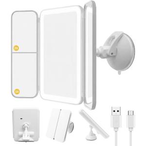 Trifold LED Vanity Mirror with Lights, Bathroom Shower Mirror with Powerful Suction Mount, Rechargeable Makeup Mirror with 2X/3X Magnification, 3 Color Lights & Brightness Adjustable