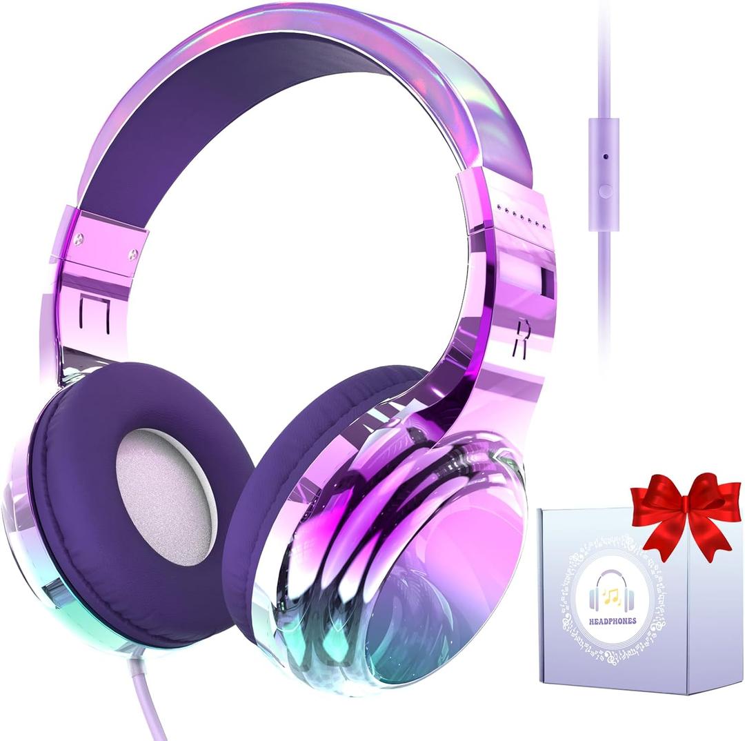 QearFun Headphones for Girls Kids for School,Cool Kids Wired Headphones with Microphone&3.5mm Jack,Teens Noise Cancelling Headphone with Adjustable Headband for Tablet/Smartphones-Gradient Deep purple