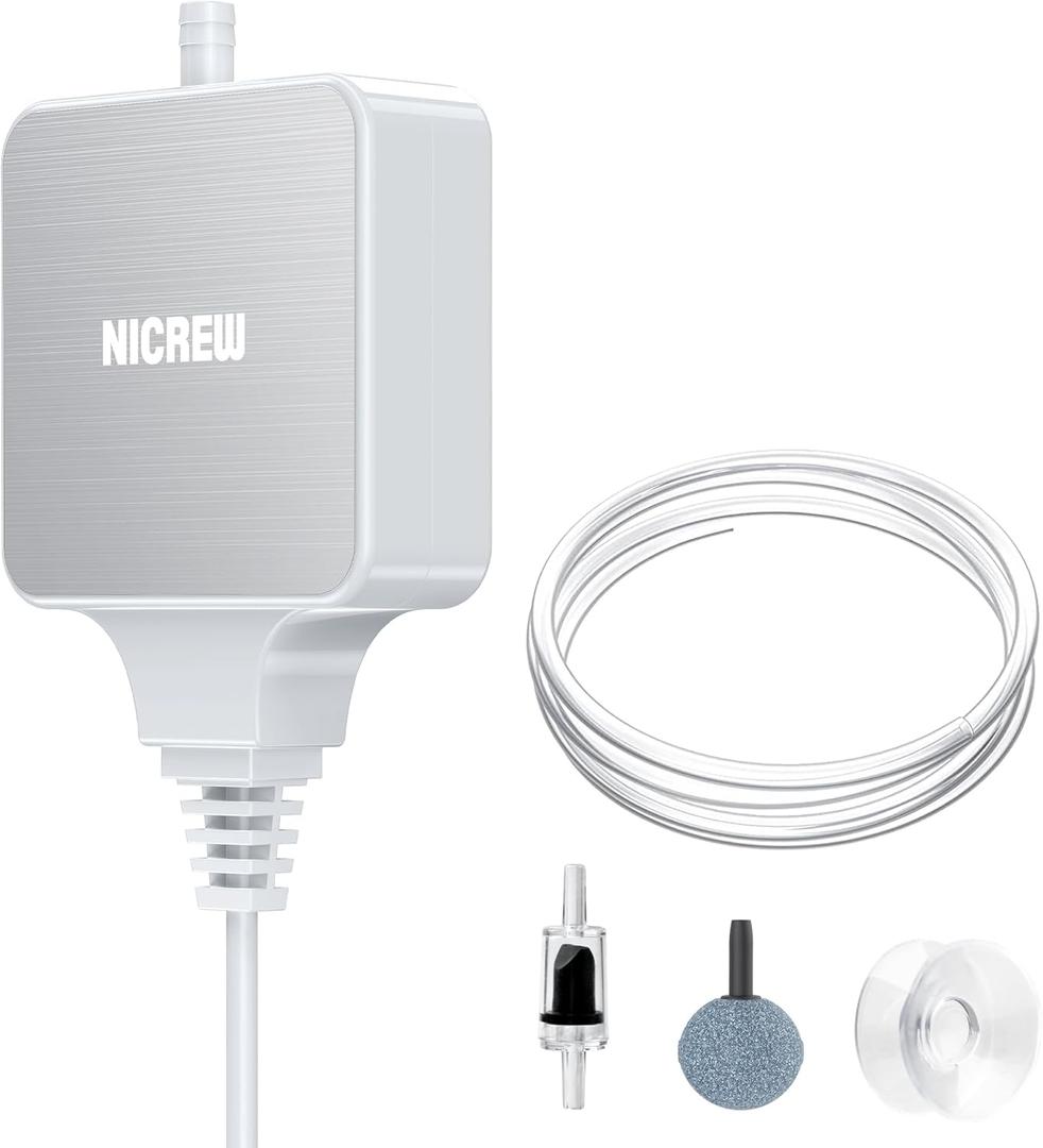 NICREW Nano Silent Aquarium Air Pump White, Aquarium Aerator with Accessories for Up to 10 Gallon Fish Tank, Super Quiet, 0.3 L/min, 1.5 Watts