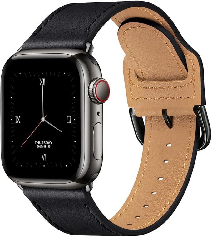 Leather Bands Compatible with Apple Watch Band 49mm 46mm 45mm 44mm 42mm-Series 3 2 1,Genuine Leather Strap Compatible for Women Men iWatch Ultra SE Series 11 10 9 8 7 6 5 4(Black/Black)