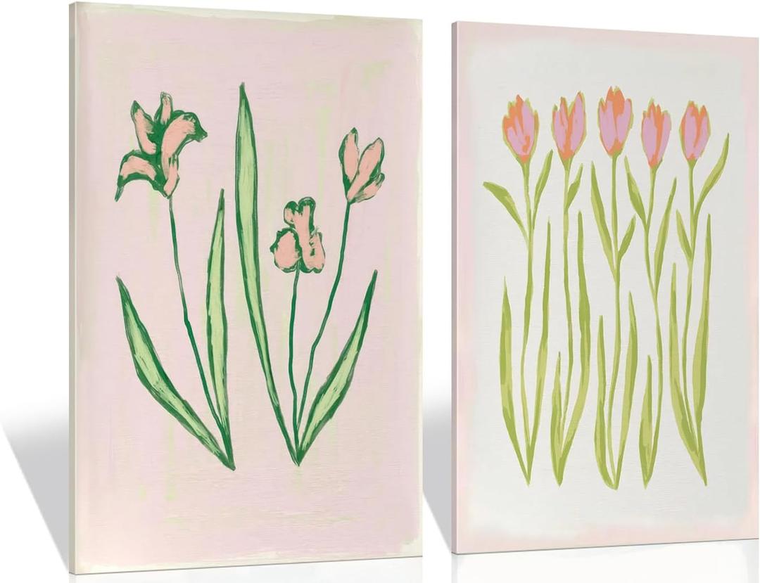 Pink Flower Canvas Wall Art Southern Coastal Modern Floral Painting Picture Preppy Pink Flowers Wall Decor Minimalist Botanical Poster Print Artwork for Living Room Bedroom Bathroom Home Decor, 24L"x16W"