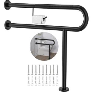 Toilet Support Rail w/Toilet Paper Holder 31.5x28 Inch, ZUEXT Wall to Floor Matte Black Anti-slip Handicap Grab Bar for Bathroom,Stainless Steel Safety handrails with Leg for Elderly Disabled Pregnant