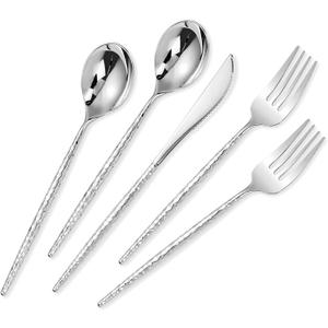 SUT 150PCS Silver Plastic Silverware, Disposable Utensils, Includes 50 Knives, Forks and Spoons, Hammered Silverware Set, Silver Cutlery. Plastic Silverware Heavy Duty for Party/Wedding
