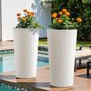 23.6" H Tall Planters for Outdoor Plants Set of 2 - Fluted Large Outdoor Planters for Front Porch Decor with Drainage Hole, Plastic Round Flower Pots Fits Indoor Plants Patio/Garden, White