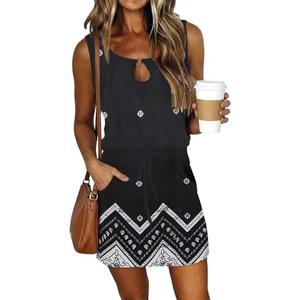 Womens Summer Causal Loose Sleeveless Crew Neck Drawstring Waist Mini Short Dress with Pockets, L