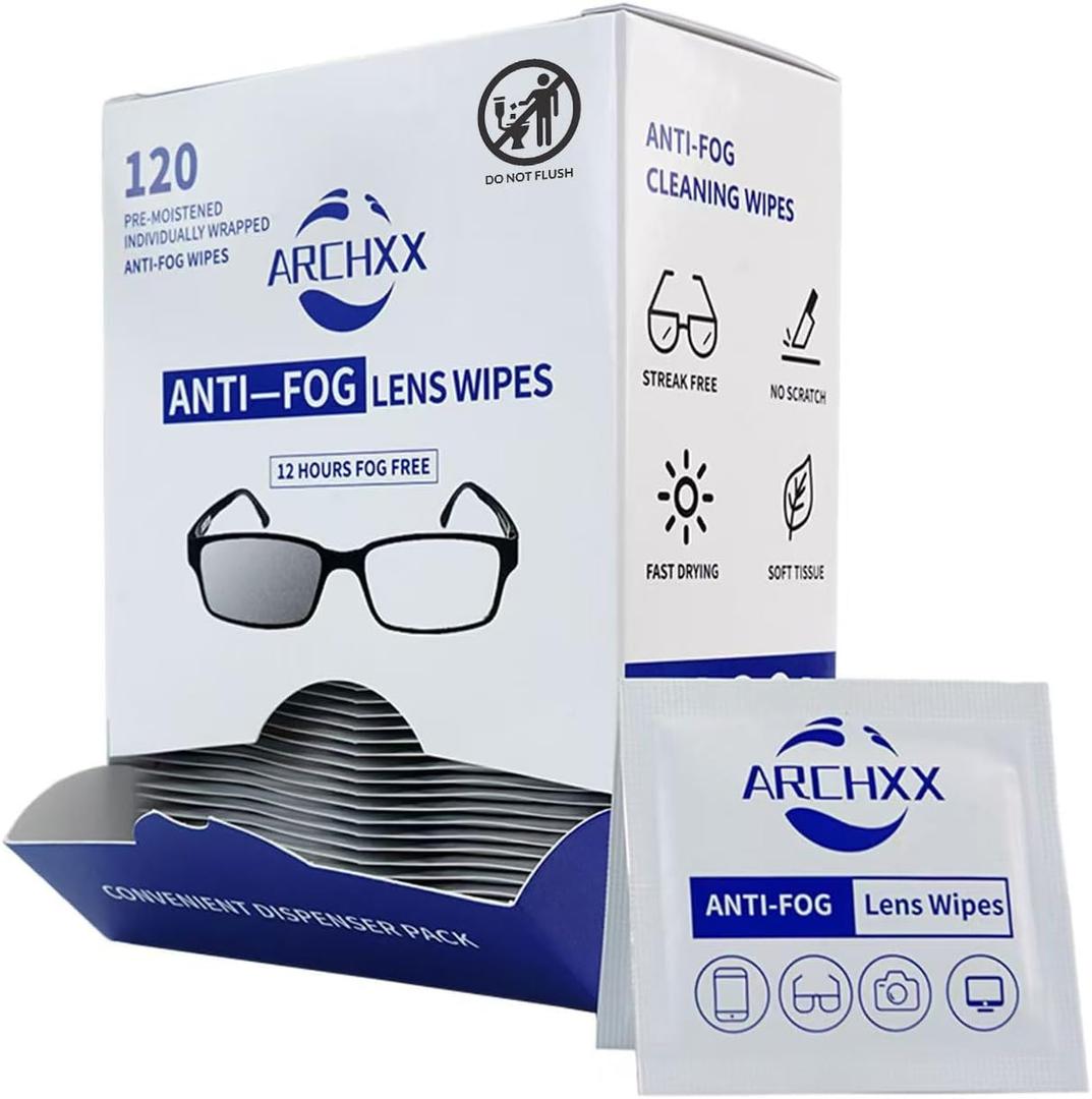 Anti Fog Wipes for Glasses, 120 Count, Pre-Moistened Cleaning Wipes, Lens Cleaner, Lens Wipes for Eyeglasses, Sunglasses, Goggles, Screen, Phone, Individually Wrapped Eye Glasses Cleaner Wipes&Lens Wipes