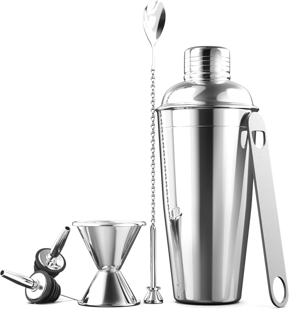 FineDine 7-Piece Cocktail Shaker Set - Bar Tools - Stainless Steel Bartender Kit, with All Bar Accessories, Cocktail Strainer, Double Jigger, Bar Spoon, Bottle Opener, Pour Spouts