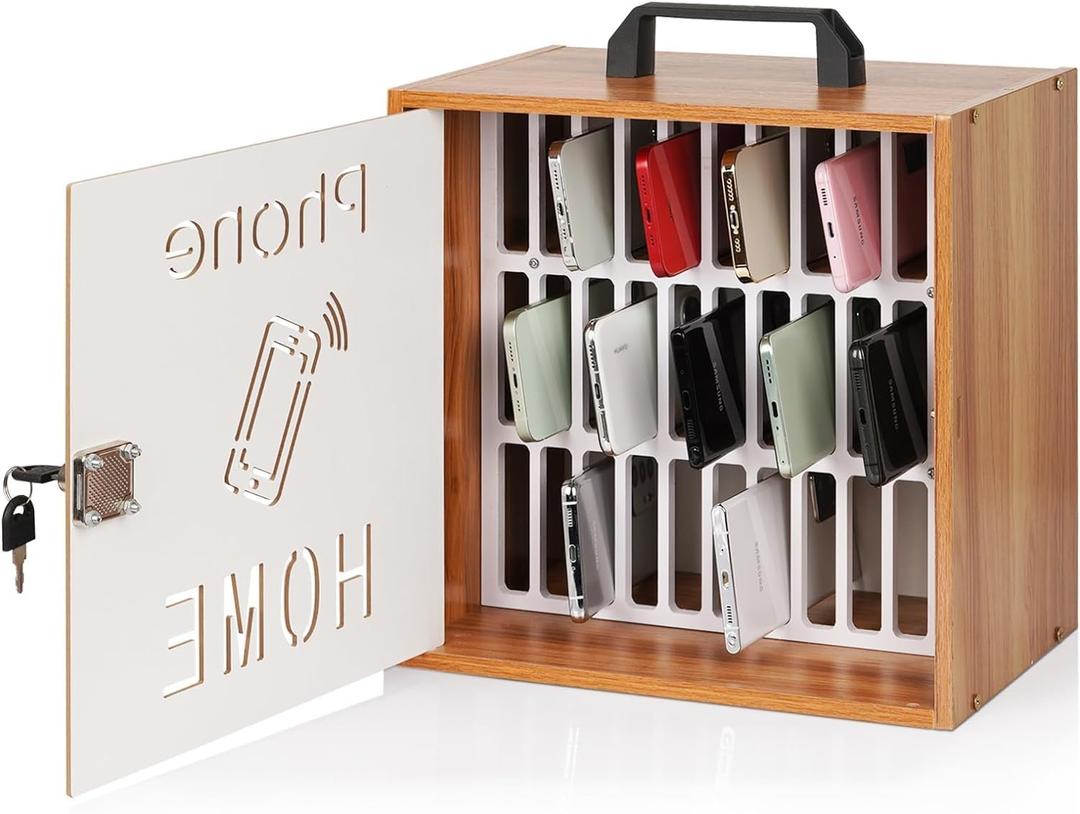 DABOS Wooden Cell Phone Holder with Lock, 33-Slot Desk Phone Holder Storage Cabinet with Handle, Secure Wood Cabinet Desk Organizer for Classroom, Office, Conference Room & Electronics Storage