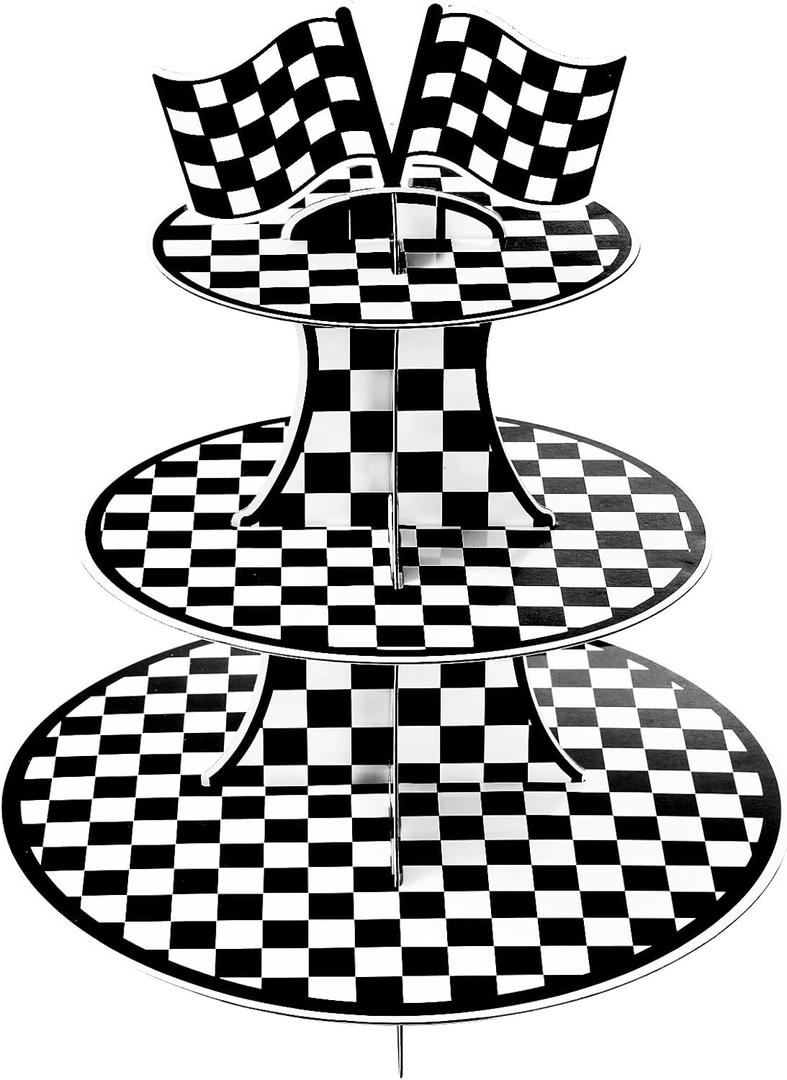3-Tier Round Cardboard Cupcake Stand Holder, Racing Car Theme Birthday Party Decorations Supplies, Black and White Checkered Dessert Display Stand Tower