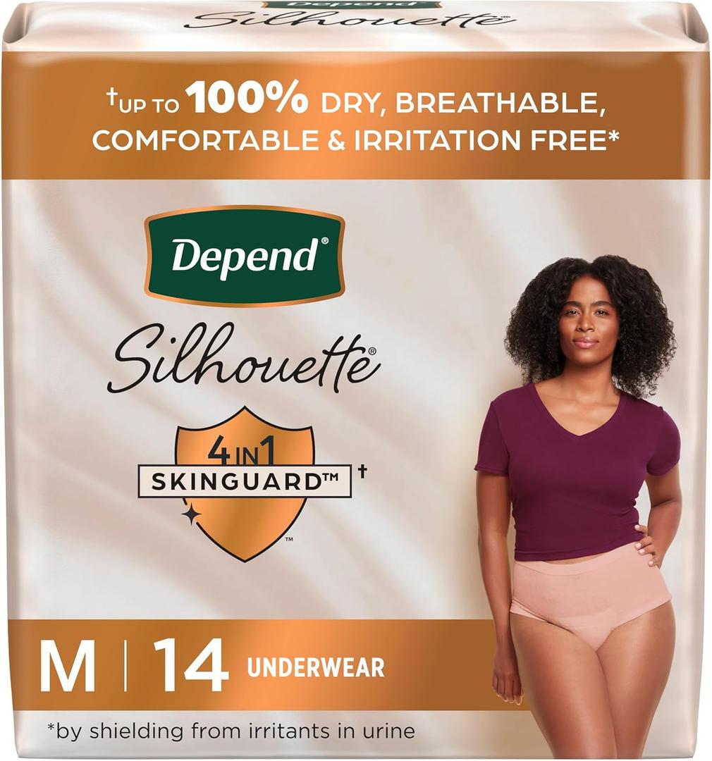 Depend Silhouette Adult Diapers, Incontinence & Postpartum Bladder Leak Underwear for Women, Maximum Absorbency, Medium, Pink, 14 Count