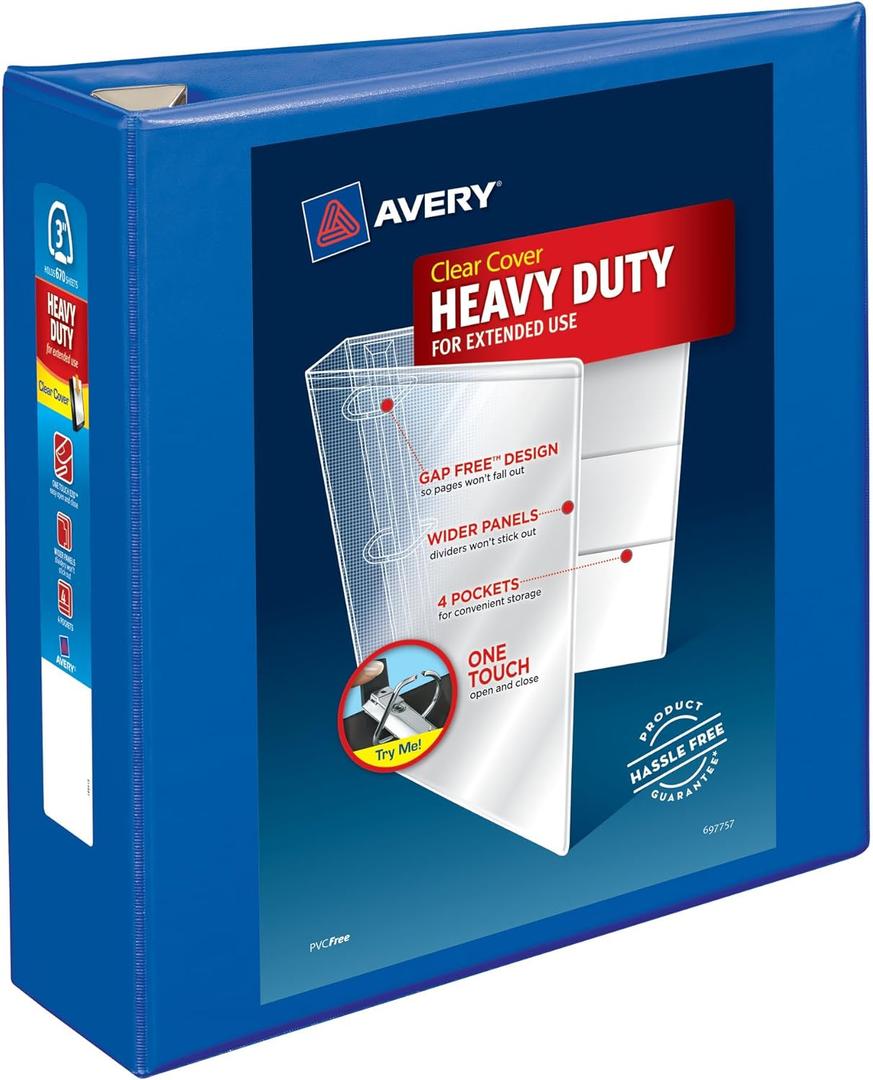 Avery Heavy-Duty View 3 Ring Binder, 3" One Touch EZD Rings, 670-Sheet Capacity, 3.5 Inch Wide Spine, Great for Home, School Supplies, Office, or Organization Needs, 1 Pacific Blue Binder (79811)