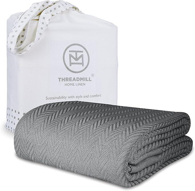 Threadmill Luxury Cotton Blankets for Twin Size Bed | All-Season 100% Cotton Twin Blanket for Bed | Herringbone Soft & Cozy Fall Thermal Blanket, 350GSM, 68x92 inches