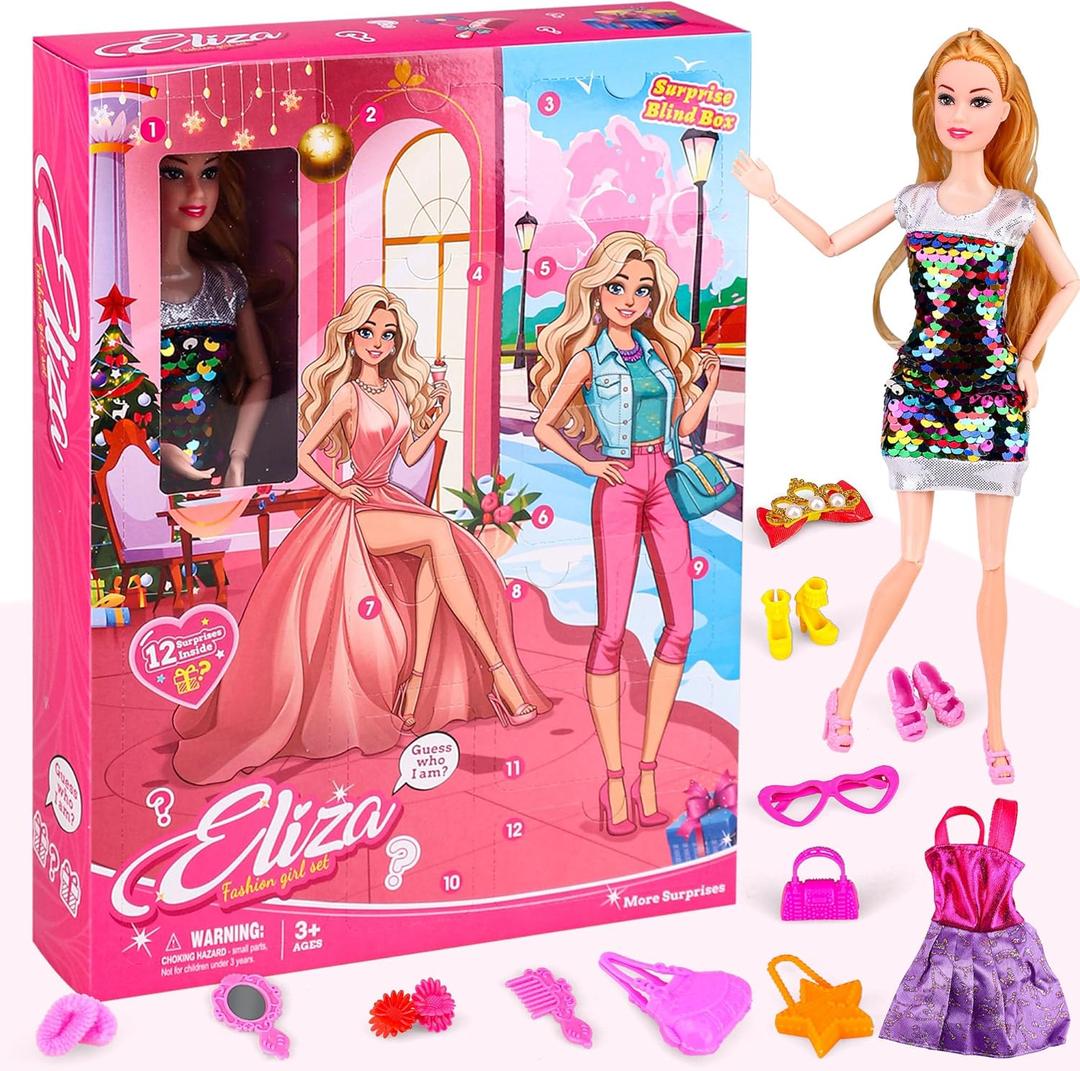 Advent Calendar, 12 Surprise Accessories Including Fashion Doll Clothing Glasses Hand Bags & High Heels, Advent Calendar 2025 for Girls Ages 4-7, Holiday Party Birthday Christmas Gifts