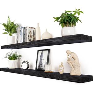 60 inch Black Floating Shelves for Wall 8 -inch deep Set of 2, Heavy Duty Solid Wood Wall Mounted Shelves for Living Room Kitchen with Thickened Hidden Bracket