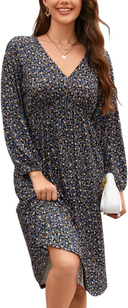 OUGES Womens 2023 Fall Long Sleeve Maternity Dress for Baby Shower Photoshoot V Neck High Waist Midi Dress with Pockets (L)