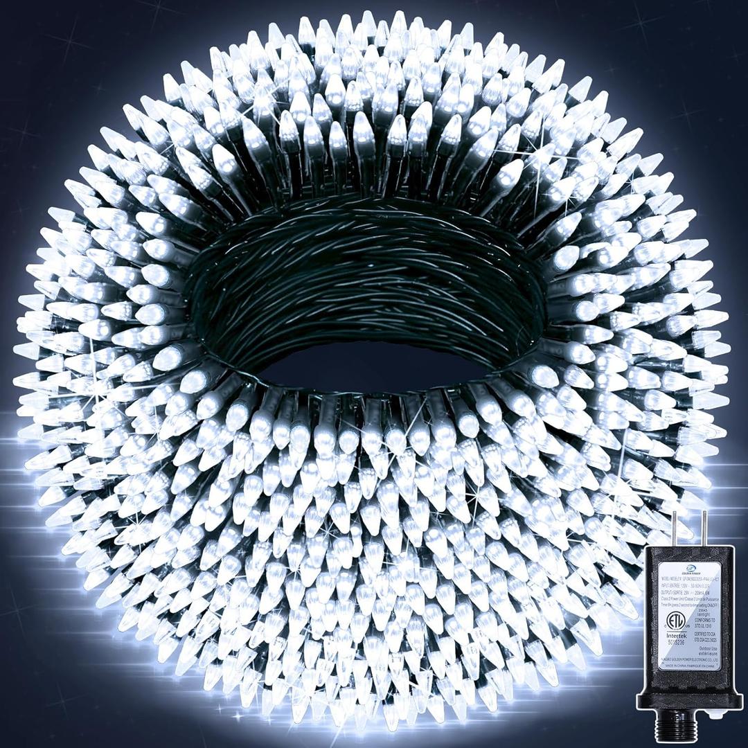 350LED 90FT Christmas Lights Indoor Outdoor, 12 Modes Cool White Outdoor String Lights with Timer & Dimmable, Green Wire Christmas String Lights for Tree Patio Yard Fence Bedroom Wedding Garden Decor