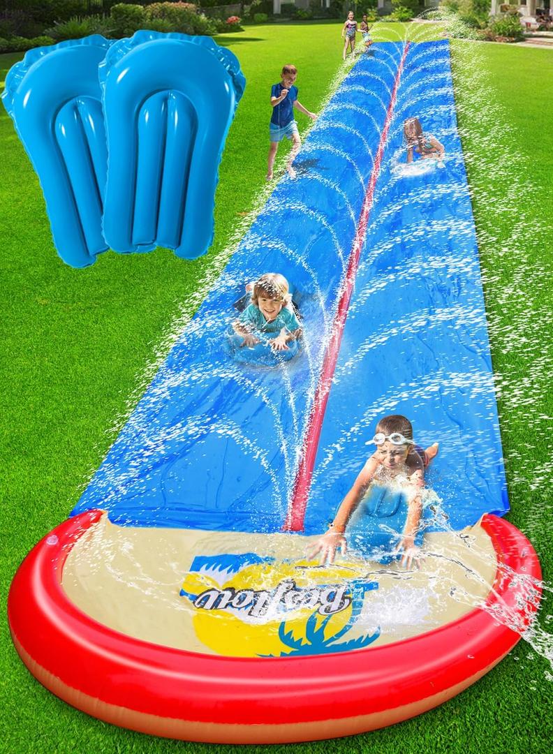 Slip and Water Slide for Kids and Adults Extra Long Heavy Duty Lawn Backyard Water Slides with Two Inflatable Bodyboards and Double Lane Water Toys Summer (32FT)