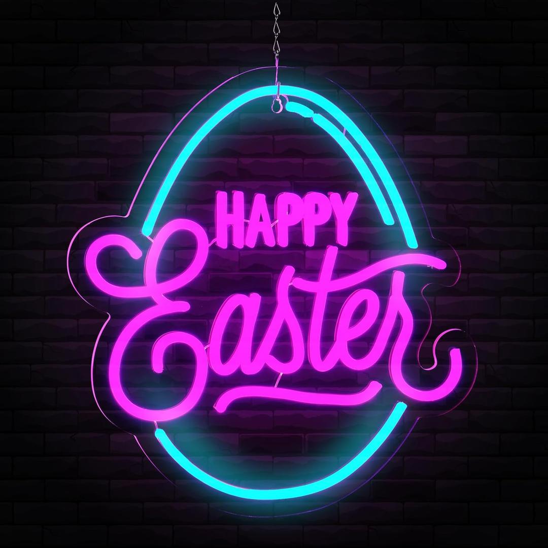Baquler Easter Neon Sign for Wall Decor Egg Happy Easter LED Neon Light Window USB Powered for Wall Room Gift Party Decoration