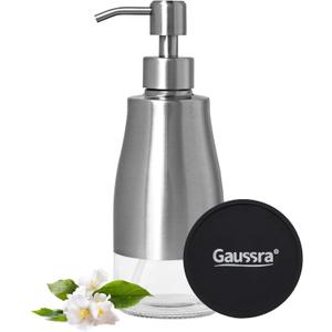 Gaussra Soap Dispenser with Coaster and Stickers, Brushed Nickel Stainless Steel Case Glass Liner Hand Pump Dispenser, Refillable Liquid Hand Soap Dispenser for Bathroom & Kitchen (11OZ / 320ML)