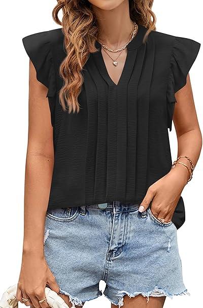 KIRUNDO Spring Tops for Women Lightweight Blouses Dressy Casual Ruffle Sleeve V Neck Pleated Business Casual Summer Shirts(Black, Small)