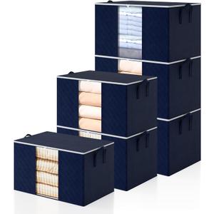 6 Pack Clothes Storage Bags - 90L Blanket Organizers and Storage for Closet Large Storage Bins with Lids and Zipper Storage Containers for King Comforter, Pillow and Sweater (Blue, 6 Pack)