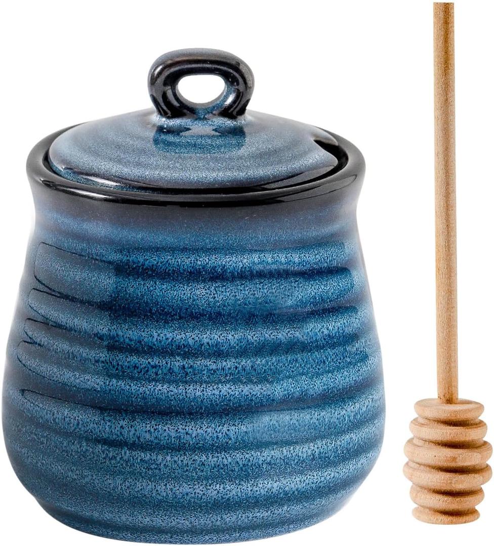 Tikooere Ceramic Honey Pot with Lid and Honey Dipper, 12 oz Honey Jar and Wooden Dipper, Pottery Honey Container for Home, Cute Honey Dish, Dishwasher Safe, Blue
