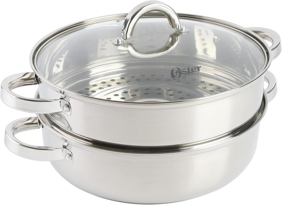 Oster Sangerfield 11-Inch Stainless Steel Everyday Cookware Pan with Steamer and Lid – Durable Nonstick Frying Skillet for Kitchen Cooking