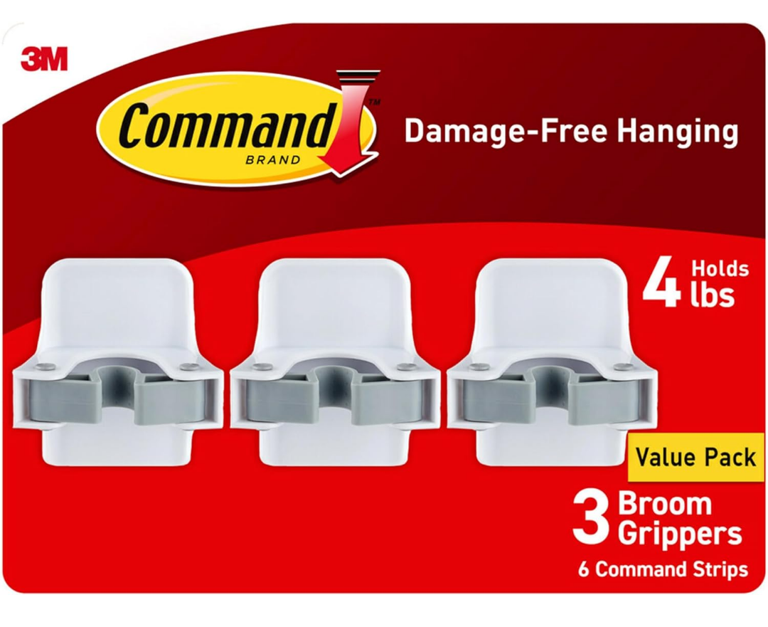 Command Broom Grippers, 3 Hangers and 6 Strips, Damage-Free Mop and Broom Holder Wall Mount, Household Cleaning Tool Organizer for Kitchen, Laundry Room, Closet, Holds up to 4 lb