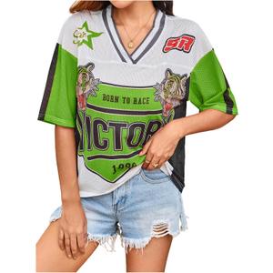 Women's Number Print Mesh Jersey Shirt Color Block V Neck Short Sleeve Football T-Shirt (Large, Green and White)