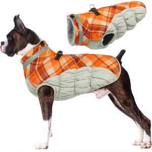 Lelepet Warm Dog Winter Coat Dog Coats for Large Dogs Waterproof Dogs Jacket with Harness Built in Reflective Cold Weather Coats Zip-Up Winter Fleece Vest Snowsuit Boston Terrier Orange Plaid L