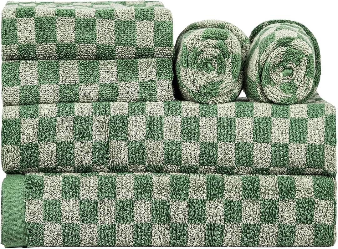 CinGiiCo Checkered Bath Towels Set of 6 Large, 600GSM, 100% Cotton Shower Towels * 2 (55 * 28 in), Hand Towels * 4 (29 * 14 in),Towels for BathroomPoolHotel, Spa (Checkered Dark Green)