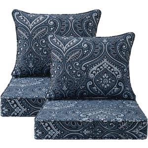 Outdoor Patio Chair Cushions Set, 22" x 22", Set of 2, Water-Repellent, Fade Resistant, Deep Seat Bottom and Back Cushion for Backyard, Couch, Sofa and Patio Furniture, Damask Blue Flower