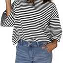 Women's Boho Blouse Black Stripe Bowknot Cutout Back Drop Shoulder Wide Bracelet Sleeve Loose Tee, M