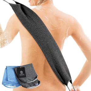 CASAVIDA Back Scrubber for Shower Nylon Bath Towel Washer Exfoliating Washcloth Rear Japanese Stretchable Strap Wash Cloth Body Exfoliation 2 Pack (Blue + Charcoal Gray)