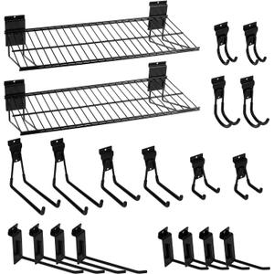 20PCS Slatwall Accessories Set, Includes 2 Pack Slatwall Wire Shelves (24 inches Width) and 18 Pack Heavy Duty Multisize Slatwall Hooks for Garage Organization, Retail Display (24 Inch)