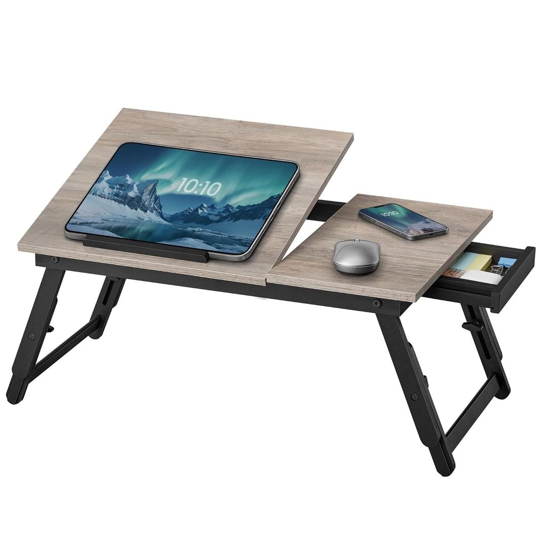 SONGMICS Bed Laptop Desk, Folding Bed Tray for Laptop up to 15.6 Inches, Adjustable Angle and Height, Portable for Working Reading Writing Breakfast, Bamboo Legs, Drawer, Heather Greige ULLD105W01
