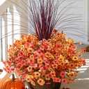 Fall Flowers Artificial Mums for Outdoors Autumn Decor, 12 Bundles Fake Fall Mums with 1 pcs Burgundy Grass UV Resistant Realistic Faux Flowers for Outside Home Porch Patio Planter Yard, Orange Yellow