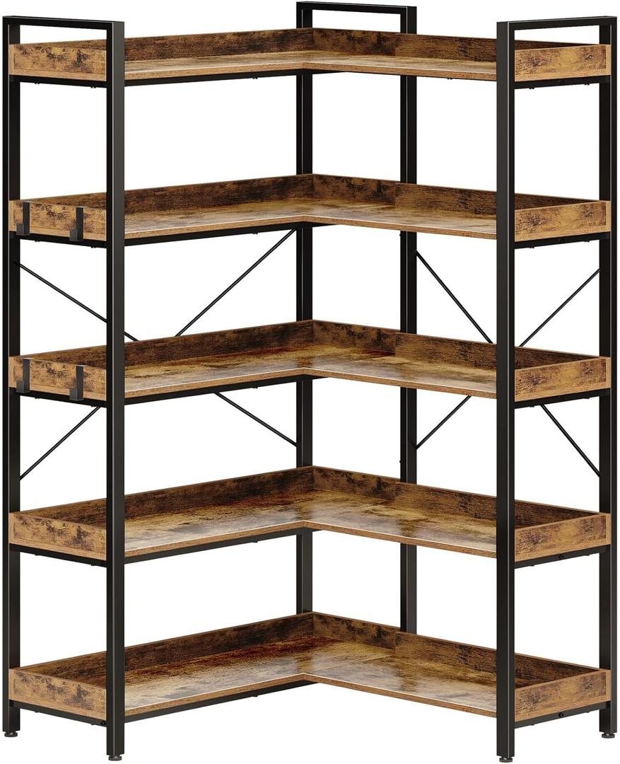 Rolanstar Bookshelf 5 Tier with 4 Hooks, Reversible Corner Bookshelf, 65" Industrial Wooden Bookcase with Open Shelves and Metal Frame for Living Room, Bedroom, Home Office, Rustic Brown