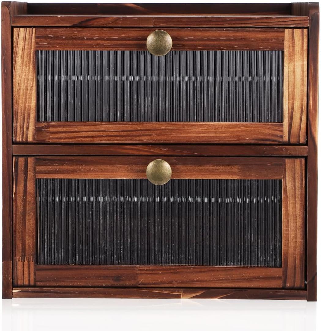 PRETYZOOM Double Layer Wooden Bread Box with Magnetic Closure and Ventilated Front Window Rustic Kitchen Countertop Storage Organizer 14.37X13.38X9.44In Bread Keeper Container