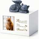 Cat Memorial Urn for Ashes - Wooden Cat Keepsake Box with Photo Frame, Resin Angel Statue & Velvet Ash Bag, Pet Loss Remembrance Gift (White)