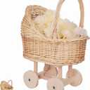 Stroller Shaped Flower Basket - Woven Rattan Basket with Handle Flower Girls Wedding Baby Shower Holder for Present And Wedding Decoration