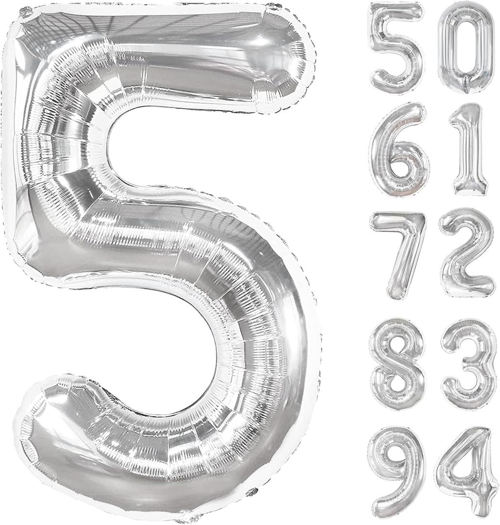 Silver 5 Balloon, Number Balloons 40 Inch, 5th Birthday Balloon Decorations, Silver Party Supplies, 5 Number Balloons, Number 5 Balloon